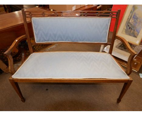 An Edwardian mahogany framed and inlaid parlour sofa with blue upholstery, 115cm wide