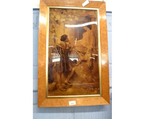 A large Crystoleum print of a classical couple set in a gilt and birds eye maple frame, 41 x 64cm