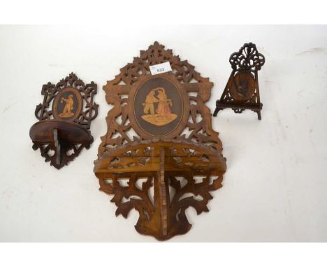 Italian Sorrento Wares - A group lot comprising a pierced olive wood and inlaid wall bracket decorated with a dancing couple,