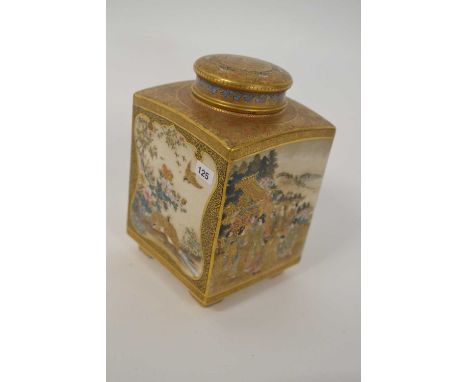 A Japanese Satsuma tea caddy of quatra lobe form decorated with alternating panels of flowers and figures, seal mark to baseG