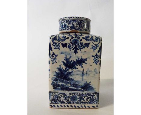 A 19th century Dutch delft caddy and cover of square section decorated with panels of shipping scenes14cms highgood condition