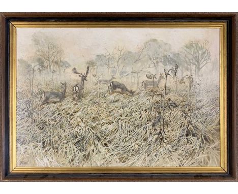 Ken Turner (British, b.1926), 'Fallow Deer and Hogweed', oil on board, 62x90cm, framed. The Moorland Gallery, London, label o