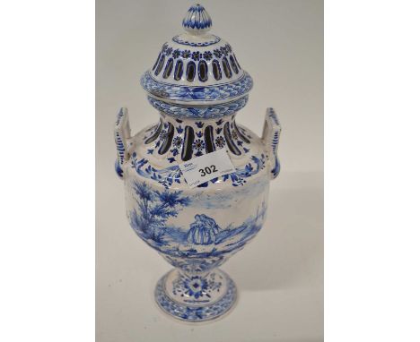 A Dutch Delft vase with floral pastoral scene, the base with a K mark, probably 19th Century