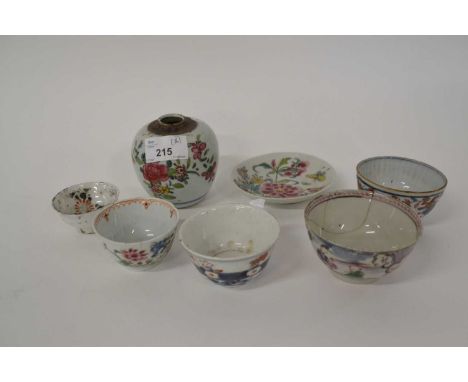 An 18th Century Chinese porcelain caddy with famille rose design (lacking lid) together with a quantity of Chinese tea bowls,