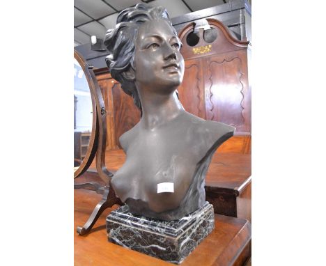 Jef Lambeaux (1852 -1908)- Hollow bronze bust of a young lady set on a polished marble plinth base, 64cm high