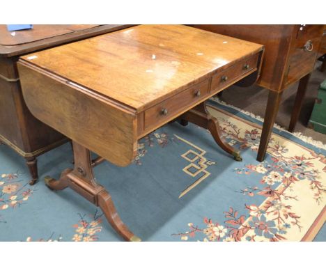 19th century mahogany drop leaf sofa table with two frieze drawers raised on end supports with outswept legs, brass end caps 