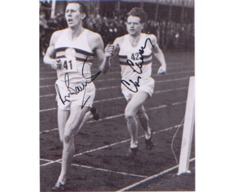 Four Minute Mile. Double signed 10x8 picture of Roger Bannister and Chris Chataway, during the first sub-four minute mile rac