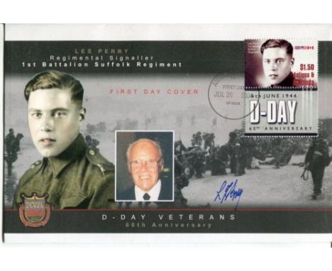 D-DAY, D-Day cover dedicated to and signed by Les Perry who was regimental Signaller in the 1st Battalion of the Suffolk regi