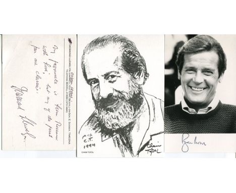 JAMES BOND COLLECTION, Set of three 6x4 inch photos and cards with the signatures of Roger Moore, Topol and Desmond Llewellyn