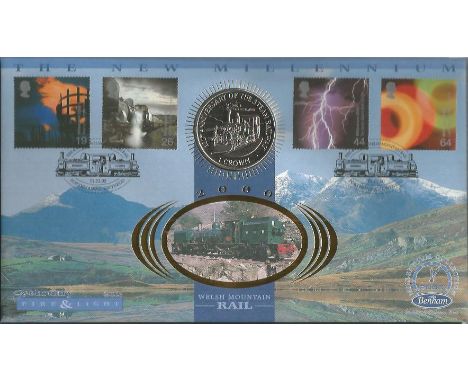 Fire & Light, Welsh mountain rail Coin FDC PNC. 1 crown 125th anniv of steam railway coin inset. 1/2/00 Portmadog postmark. B