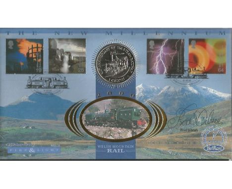 Fred Dibnah signed Fire & Light, Welsh mountain rail Coin FDC PNC. 1 crown coin inset. 1/2/00 Portmadog postmark. Benham offi