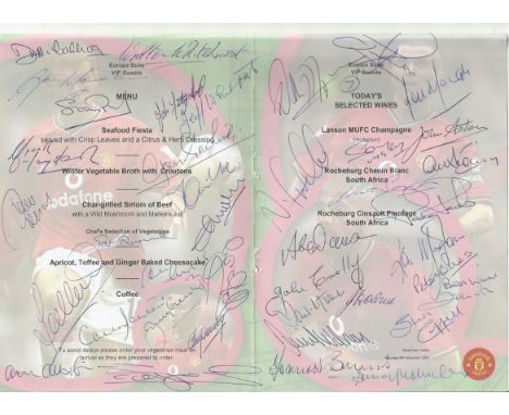 Football signed menu issued for Manchester Uniteds encounter with WHU at Old Trafford in 2001, signed by 40 former players to