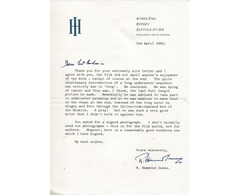 HAMMOND INNES, Typed letter on headed notepaper signed by the late Hammond Innes who wrote over 30 novels many of which were 
