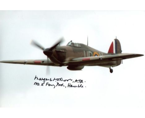 FEMALE HURRICANE PILOT, 8x12 inch photo of a Hurricane signed by Margaret Frost who flew with No15 Ferry Pool out of Hamble, 