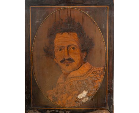 Ludwig der II of Bavaria ( 1845-1886), intarsia panel with the portrait of the Emperror masterly executed with different wood