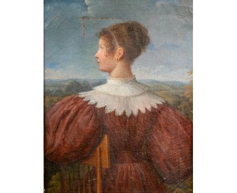 German Nazarene Artist , Portrait of a lady in landscape, oil on canvas, framed, damages. 33 x 24 cm
