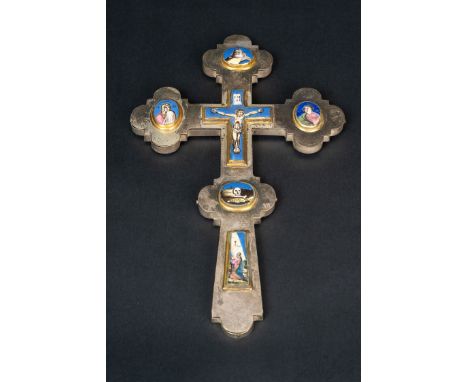 Russian Cross, silver or  silvered with painted enamel decorations , partly gilded , unmarked , engraved, first half 19th Cen