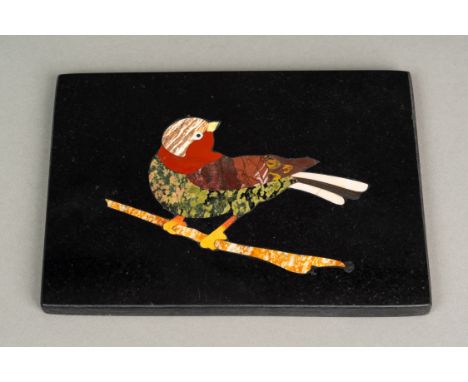 Pietra Dura Bird, multicoloured marbles on black marble plinth , 19/20th Century. 13 x 18 cm