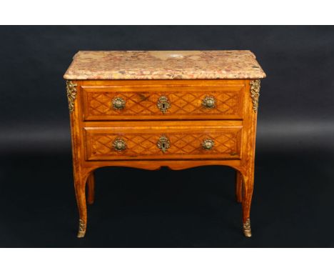Small Regence  Commode, on four long curved feet rounded corners , two drawers and original marble top , Hardwood with geomet