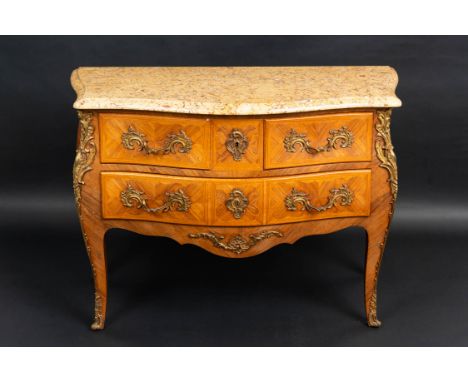 French Commode, on four curved legs and body with three drawers , original marble top and bronze mount , rich intarsias in ro