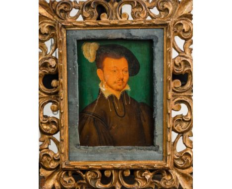 Francois Clouet ( 1510-1572) – school, Portrait of a young elegant gentleman , oil on wooden panel in a carved and gilded fra