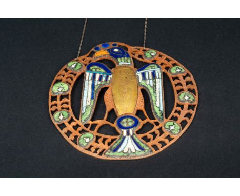 German Eagle Brooch in medieval manner  Round open copper work with eagle and enamel decorations , hammered engraved partly g