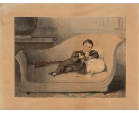 French Artist around 1830, Boy with cat and toys on sofa , watercolour on paper, described on the reverse. 23 x 32 cm