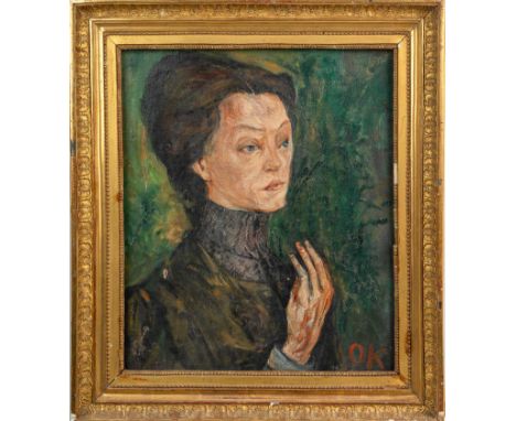 Monogrammist OK, Portrait of a lady. Oil on canvas, damages , on the reverse old paper label with numbers and lable with desc