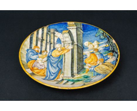 Tuscan Ceramic Dish, with deepened centre , painted with biblical scene, landscape and architecture , glazed on the under sid