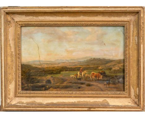 French Artist first half 19. century ,Landsape with shepardes , oil on paper, laid down on canvas, signed ?and dated 1845 bot