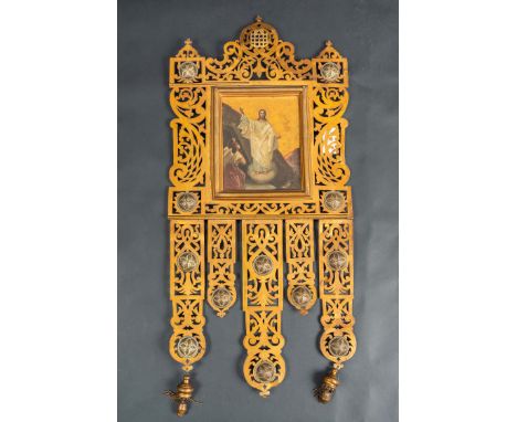 Russian Devotion picture, painted Maria with child and Christ redeemed, oil on gilded bronze in bronze frame with rich orname