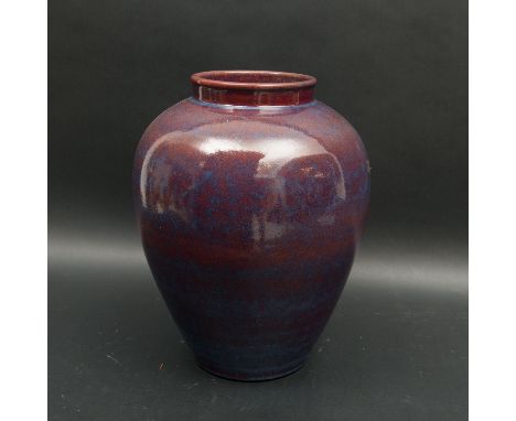 Asian Ceramic Vase, Conical shape  with small neck violet and blue colours , glazed. 19Th Century. 45 cm high