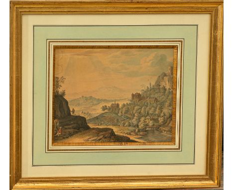 Lucas van Uden  ( 1595-1672) -attributed, Landscape with peasansts , watercolour on paper, framed. 16 x 20 cm