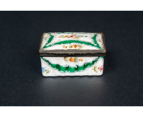 Snuff Box, rectangular shape with lid and daim rest , fluted rich floral and ornamental painted enamel . German 18th Century.