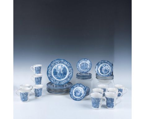 Stunning variety of plates with historic colonial scenes printed on them includes 8 dinner plates 9.75" dia., 8 saucers 6" di