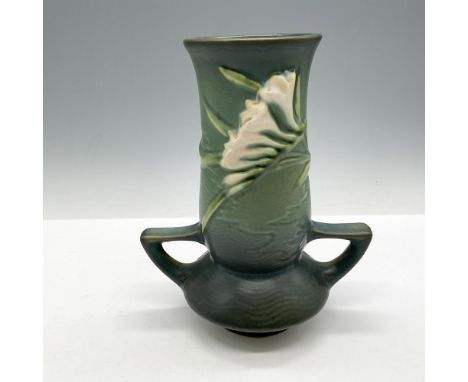 Raised freesia floral in peach and lavender design with bowl coloration from light to dark green. Dual handle. Roseville USA 