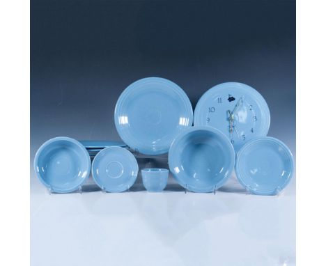 A set of 9 soft sky blue item which includes 3 dinner plates, 1 saucer, 1 dessert plate, 1 small bowl, 1 large bowl, 1 mug, a