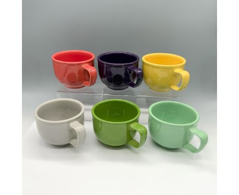 Multicolored set of China mugs with a large brim and handle, designed for a more comfortable grip. Homer Laughlin backstamp. 