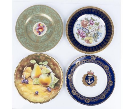A collection of three English bone China decorative plates and one French porcelain plate. Each plate is adorned decorative g