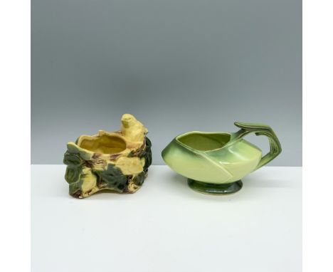 Charming duo of containers, one of which depicts a flock of yellow birds in a nest which is used for holding plants, and the 