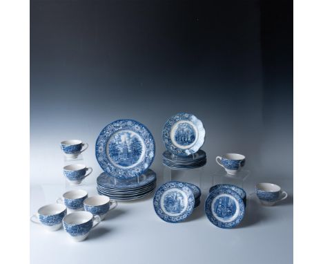 Magnificent collection of plates with historic colonial scenes printed on them includes 8 dinner plates 9.75" dia., 8 bread a