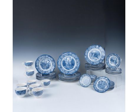 Gorgeous collection of plates with historic colonial scenes printed on them includes 8 dinner plates 9.75" dia., 8 luncheon p