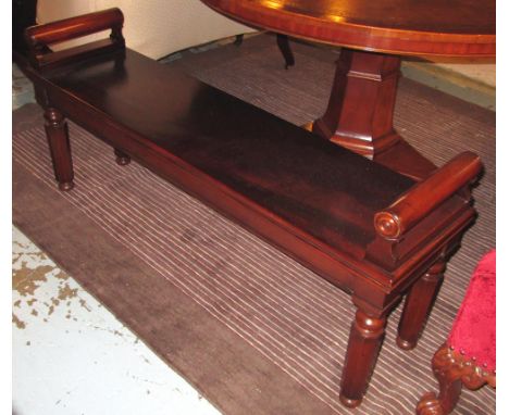 HALL BENCH, 19th century style mahogany with bolster ends, faceted legs, 137cm x 36cm x 59cm H.