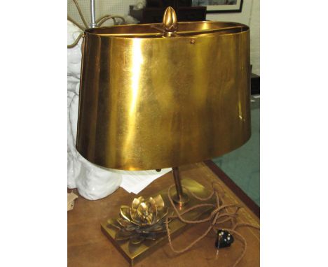 DESK LAMP, brass, with metal shade and lotus flower detail, 52cm H x 39cm W. 
