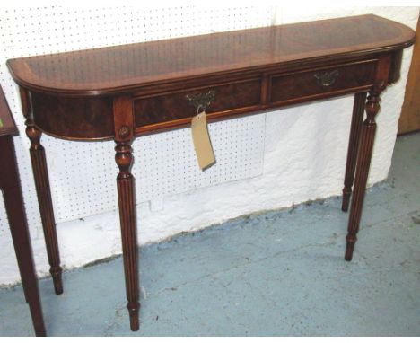 CONSOLE TABLE, Georgian style burr walnut, banded top with two drawers on reeded legs, 120cm x 33cm x 76cm H.