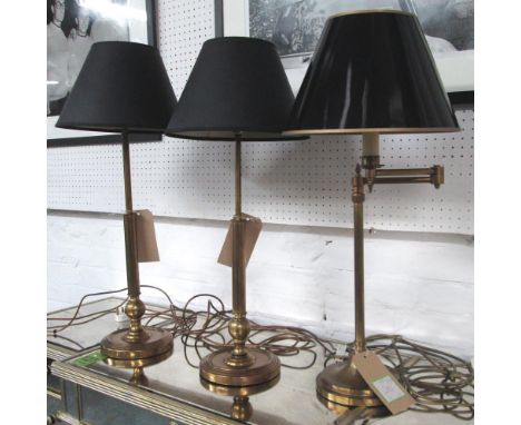 TABLE LAMPS, a pair, brass with shades, 71cm H plus an adjustable reading lamp, 71cm H. (3)