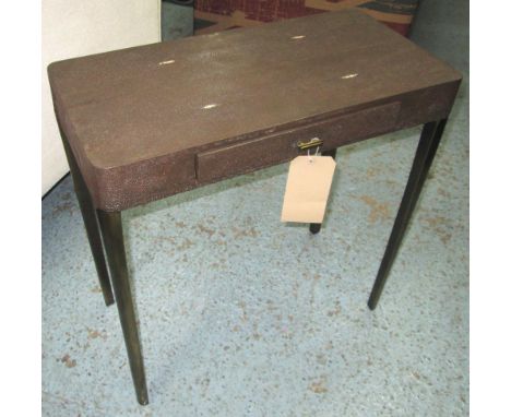 SIDE TABLES, a pair, shagreen style with frieze drawers and metal supports, bears plaque 'R&Y Augousti', each 60cm W x 30cm D