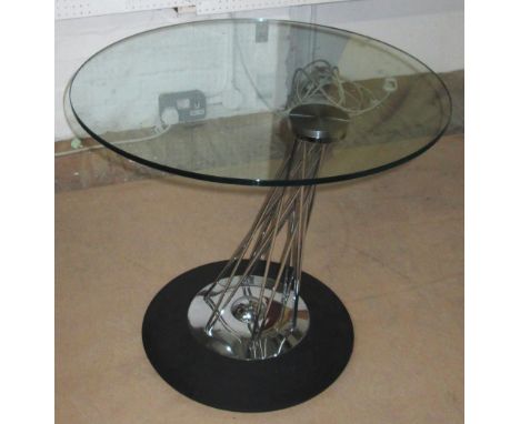 LAMP TABLE, the circular glass top on a metal base, 60cm x 56cm H.