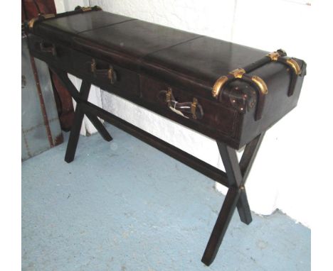 CONSOLE TABLE, luggage style with three drawers on X framed support, 141cm x 50cm x 94cm H.