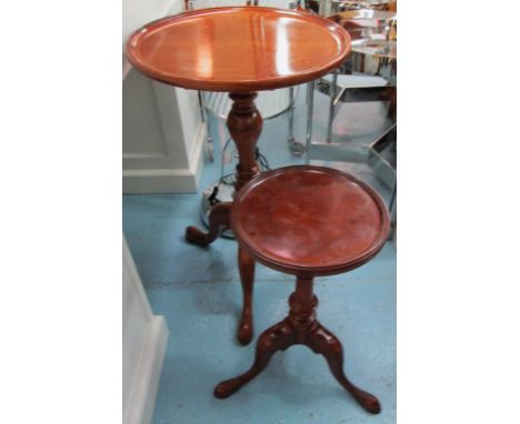 ARTHUR BRETT TRIPOD WINE TABLES, two, mahogany, 45cm diam and 28cm diam. (2) 